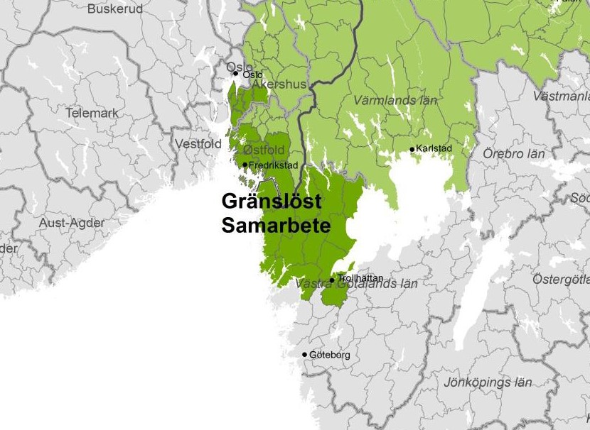 Karta över projektområdet: Gränslöst samarbete. Nordvästra Västra Götaland och Östfold fylke.